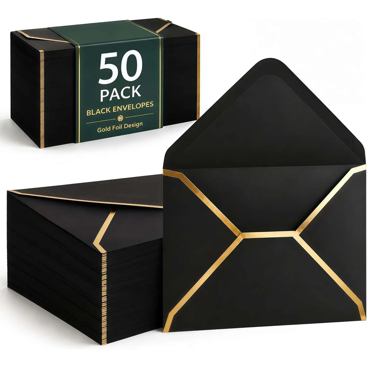 50 Pack 5x7 Inch Black Envelopes with Gold Border, Self Adhesive A7 V-Flap Envelopes for Invitations, Graduation, Baby Shower, Wedding & RSVP CardsGift