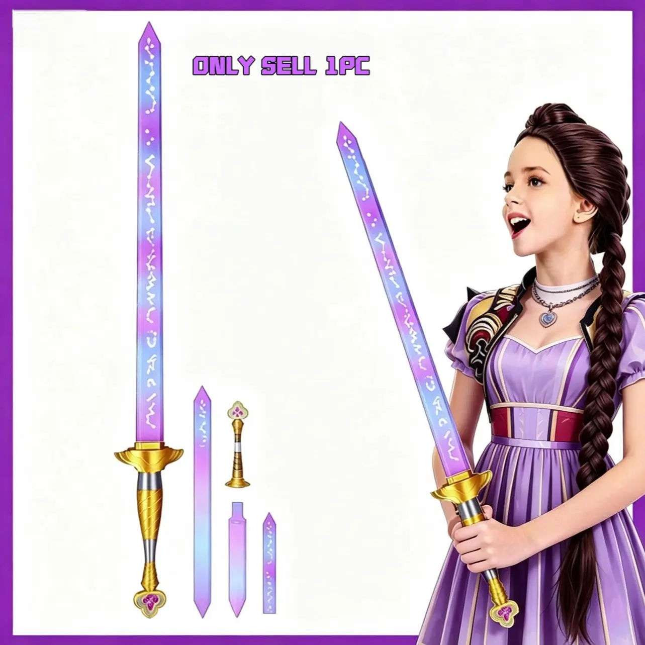 3D printed Korean pop music large-sized portable purple telescopic Rumi sword, lightweight and portable, fun,space-saving, stress-relieving telescopic sword toy, cosplay fantasy accessory, movie collector gift, Halloween costume accessory.3D printed toy.