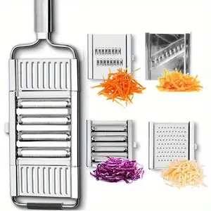 Four-In-One Stainless Steel Manual Vegetable Slicer and Grater, Multi-Functional Kitchen Tool, Ergonomic Handle, Replaceable Blades