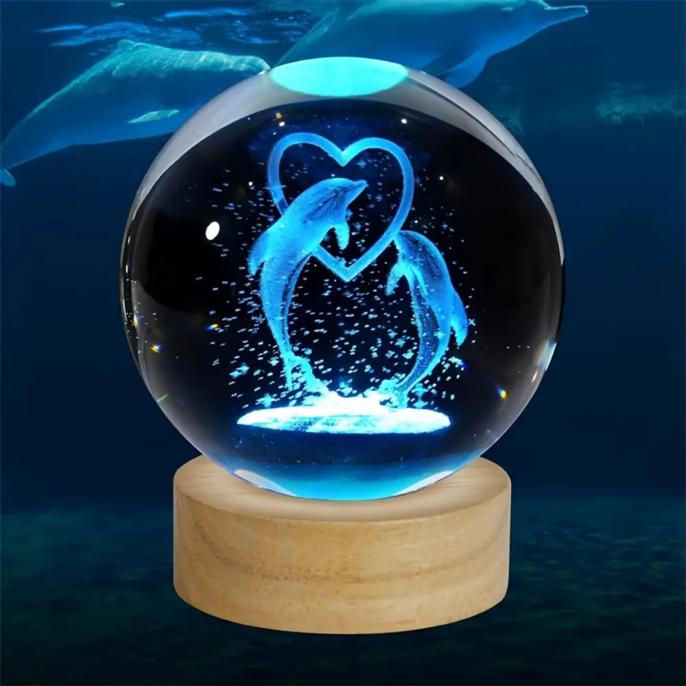 1PC 3D Heart & Dolphin Crystal Ball Night Light with LED, Glass Sphere Lamp with Wooden Base, Ideal Gift for Women, Birthdays, Valentine's Day, Christmas, Anniversaries - Warm Vibrant Colors - Energy-Efficient Home Decor