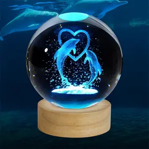 1PC 3D Heart & Dolphin Crystal Ball Night Light with LED, Glass Sphere Lamp with Wooden Base, Ideal Gift for Women, Birthdays, Valentine's Day, Christmas, Anniversaries - Warm Vibrant Colors - Energy-Efficient Home Decor