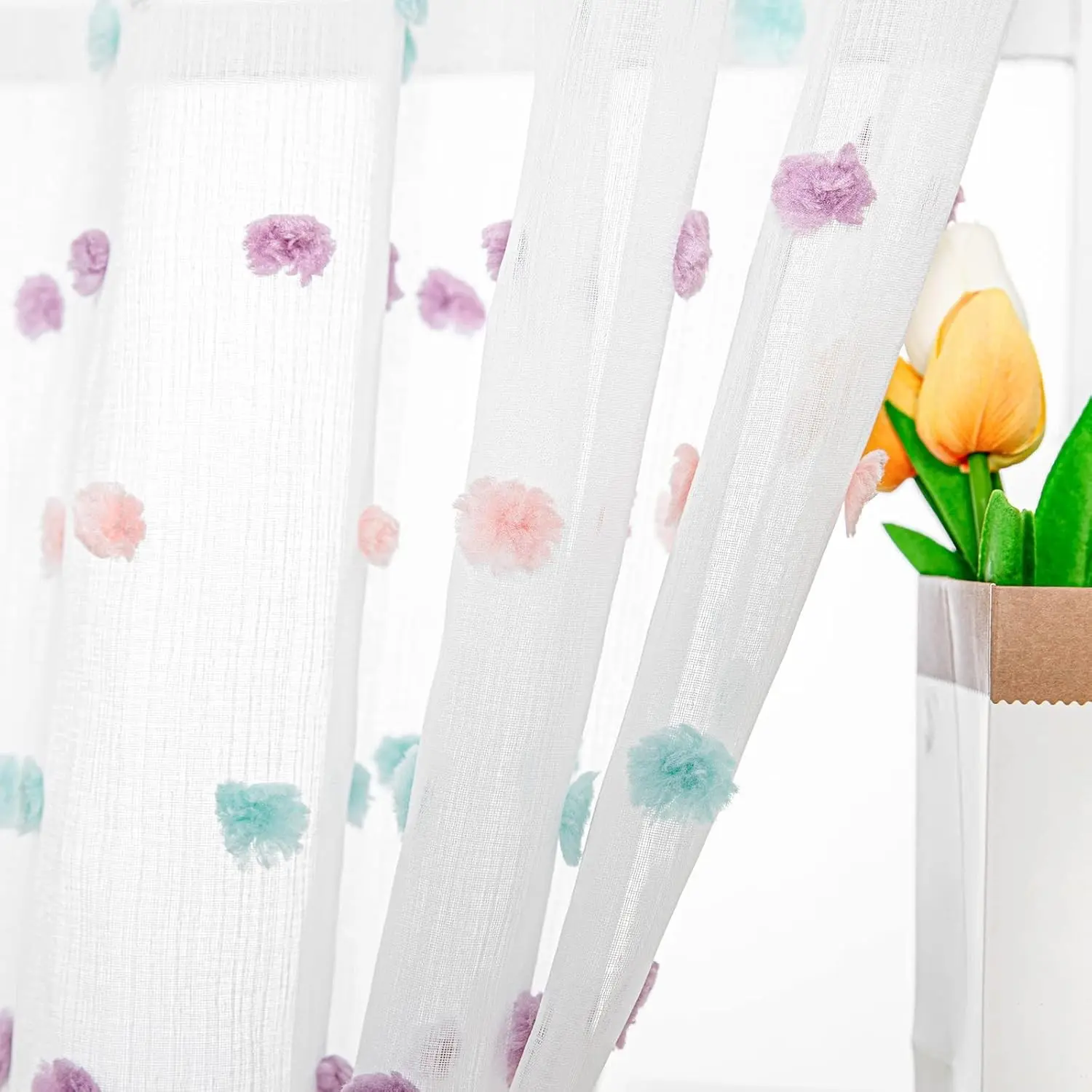 Rainbow Pom Pom Bohemian Voile Curtains, 2 Panels (52x84 in), Light Filtering Rod Pocket Drapes for Living Room, Nursery Girls' Room