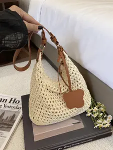 Bohemian-style handcrafted crochet grass HOBO bag, large-capacity woven single shoulder bag with leather accents, lightweight lady's underarm bag, summer beach vacation tote, polyester-lined, suitable for daily use and travel, Boho Shoulder Bag
