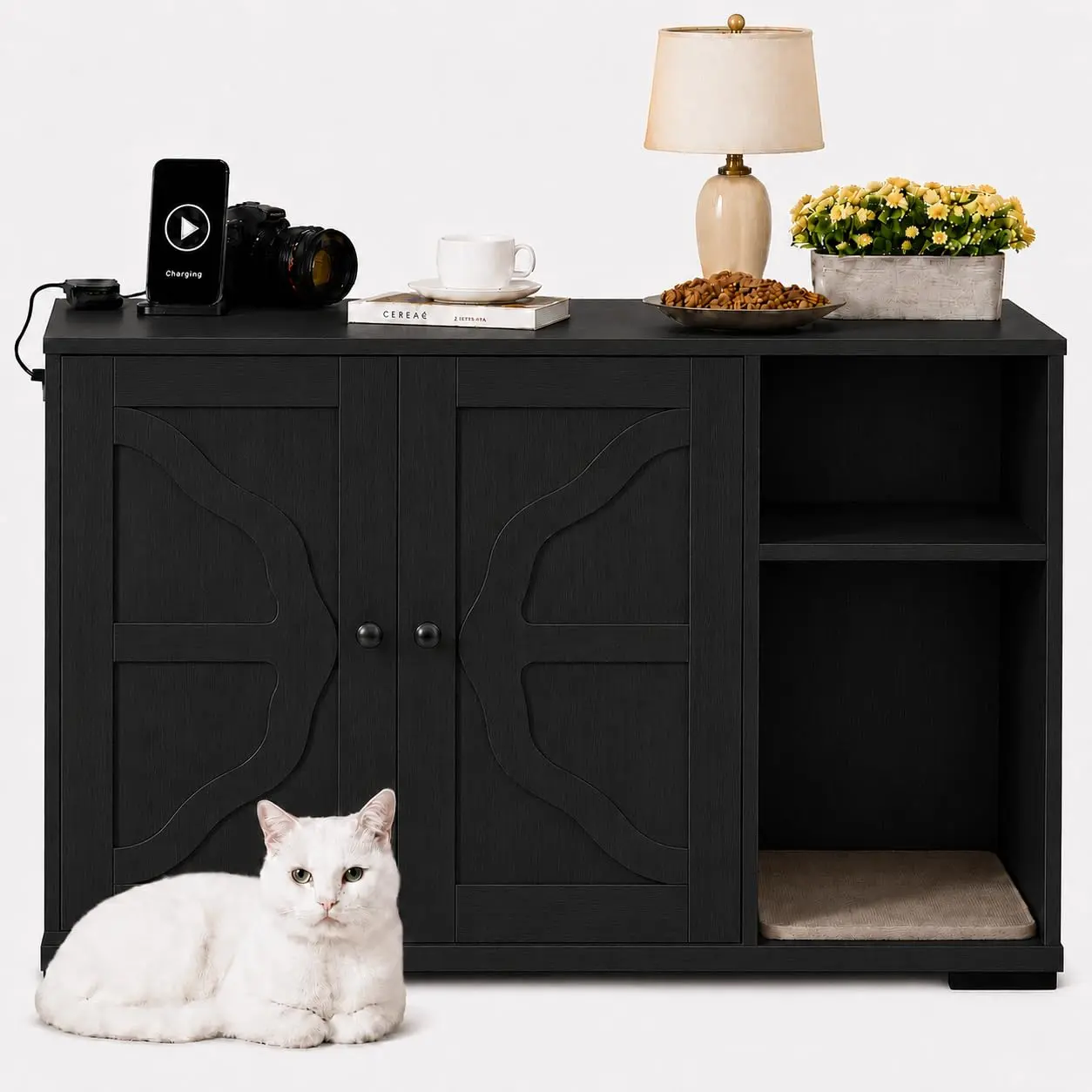 Garvee Cat Litter Box Robot Enclosure Furniture, Large Cat House for Self-Cleaning Litter Box, Dog Proof Cat Cabinet with Side Outlet & 5 ft Power Cord, Modern Pet Furniture