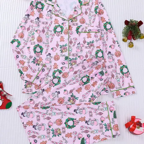Two-Piece Set Christmas Themed Bow & Striped Print Pajama Set, Long Sleeve Top & Elastic Waist Pants, Button Front Lapel Collar Pocket Top & Trousers, Suitable for All Seasons, Homewear, Pajamas Christmas