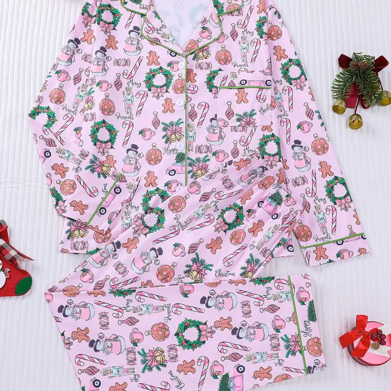Two-Piece Set Christmas Themed Bow & Striped Print Pajama Set, Long Sleeve Top & Elastic Waist Pants, Button Front Lapel Collar Pocket Top & Trousers, Suitable for All Seasons, Homewear, Pajamas Christmas