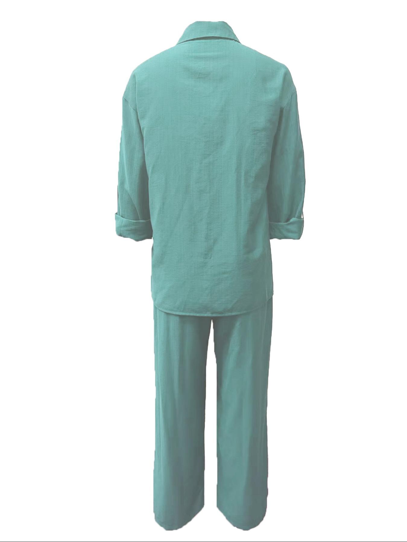 Women's Solid Color Long Sleeve Shirt & Wide Leg Pants Set, Casual Fashion Cozy Breathable Two-piece Outfits for Daily Outdoor Wear, Women Clothes for Spring Fall Women's Solid Color Long Sleeve Shirt & Wide Leg Pants Set, Casual Fashion Cozy Breathable Two-piece Outfits for Daily Outdoor Wear, Women Clothes for Spring Fall