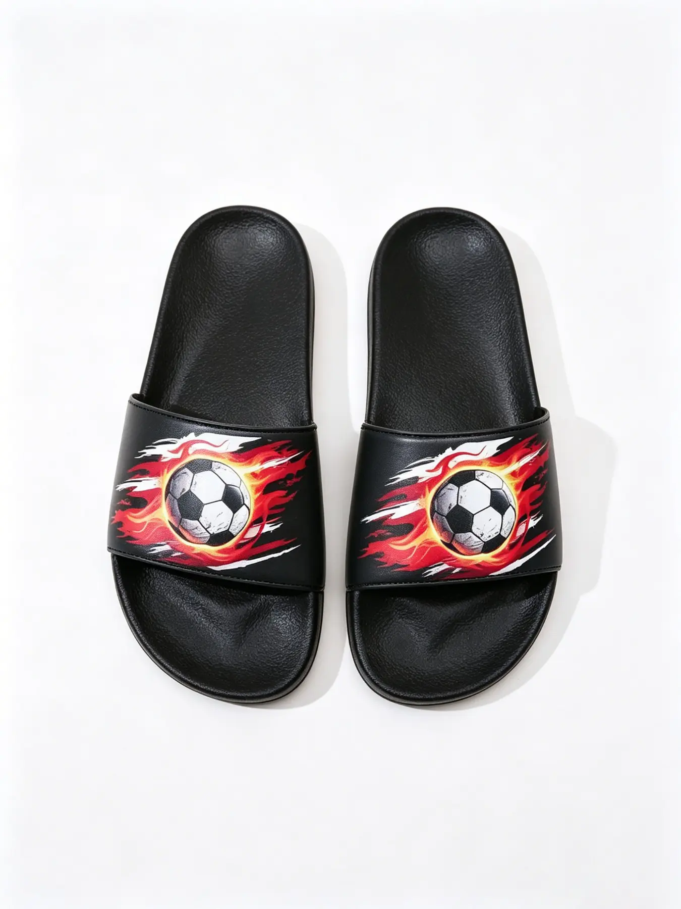 Flame Soccer Print Skate Slippers, Soft Non-Slip Open-Toe Design, Casual Mid-Top PU Leather, for Boys & Teens, All Seasons Use