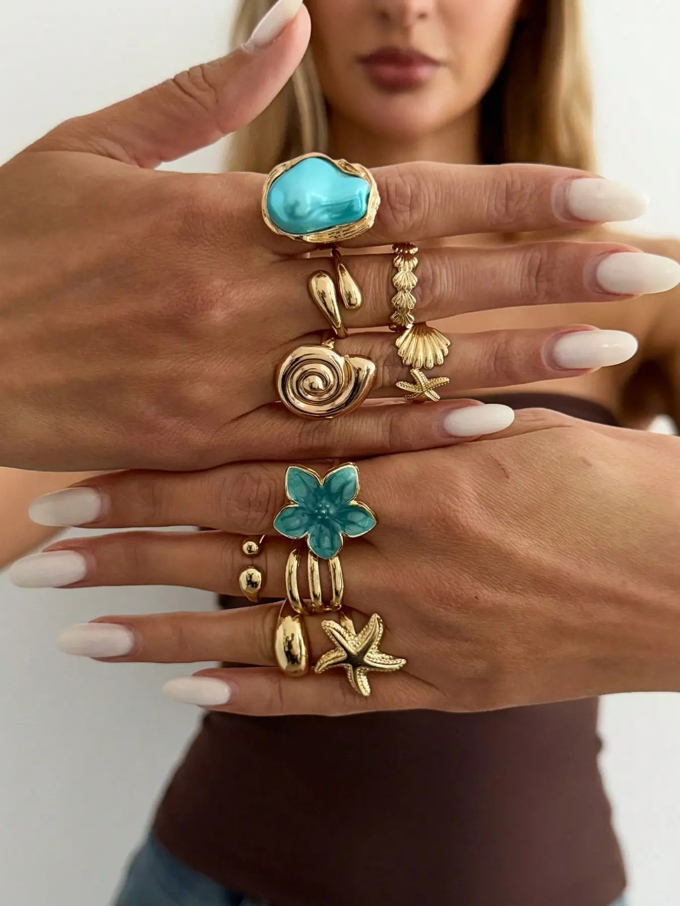 10 Pcs Boho Beach Starfish Ring Set, Alloy Flower Stackable Finger Rings, Party Jewelry, Gift for Holidays, Birthday, Beach Vacation