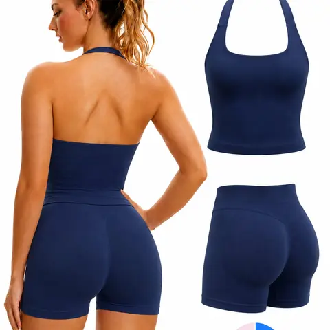 Women's Halter Tank Top and Shorts Set, Seamless Shaping Summer Gym Wear, High Waist Elastic Support Yoga Workout Outfit Fitness Outfit