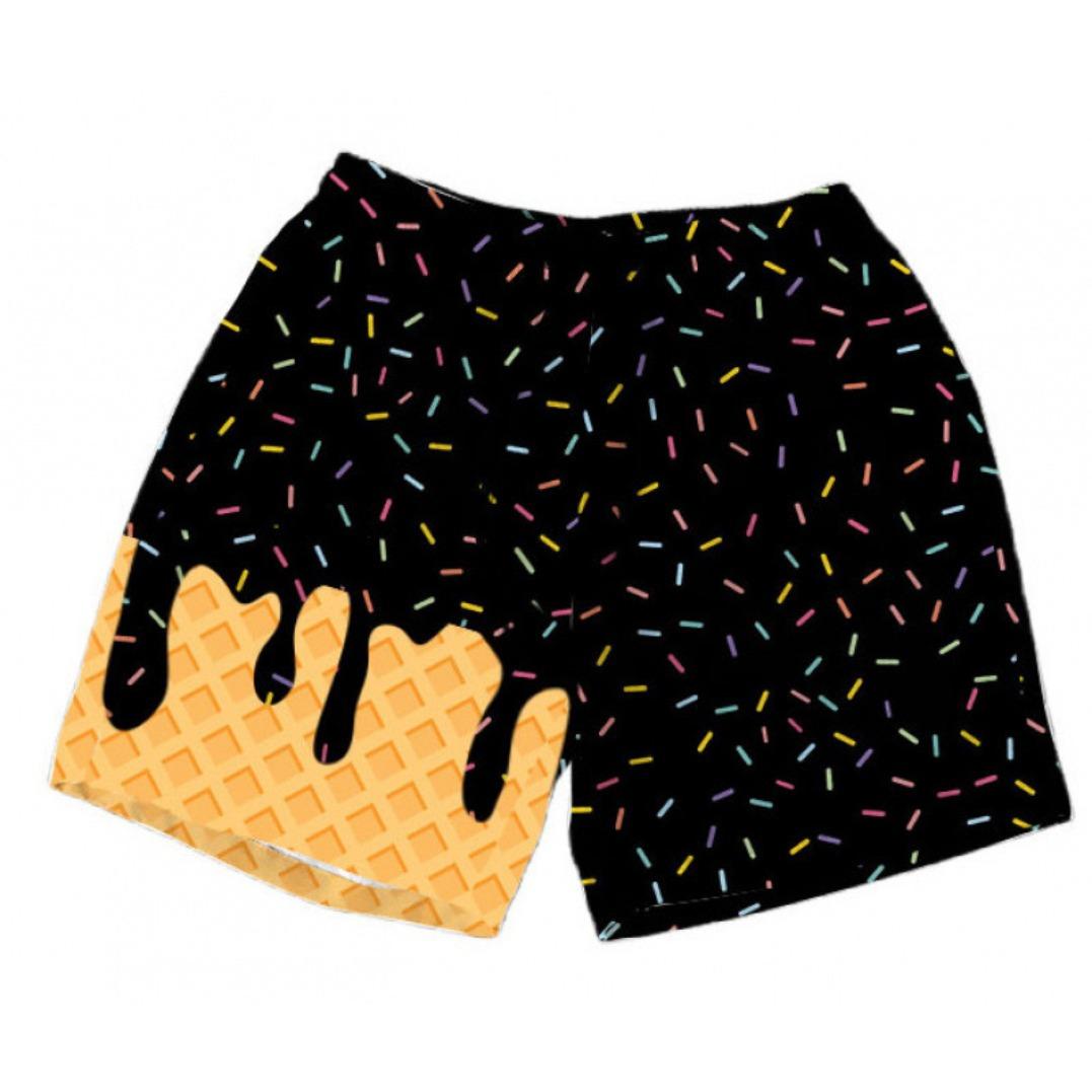 Polyester breathable 3D printed ice cream beach shorts, summer vacation loose surfing shorts, unisex fun casual sports shorts
