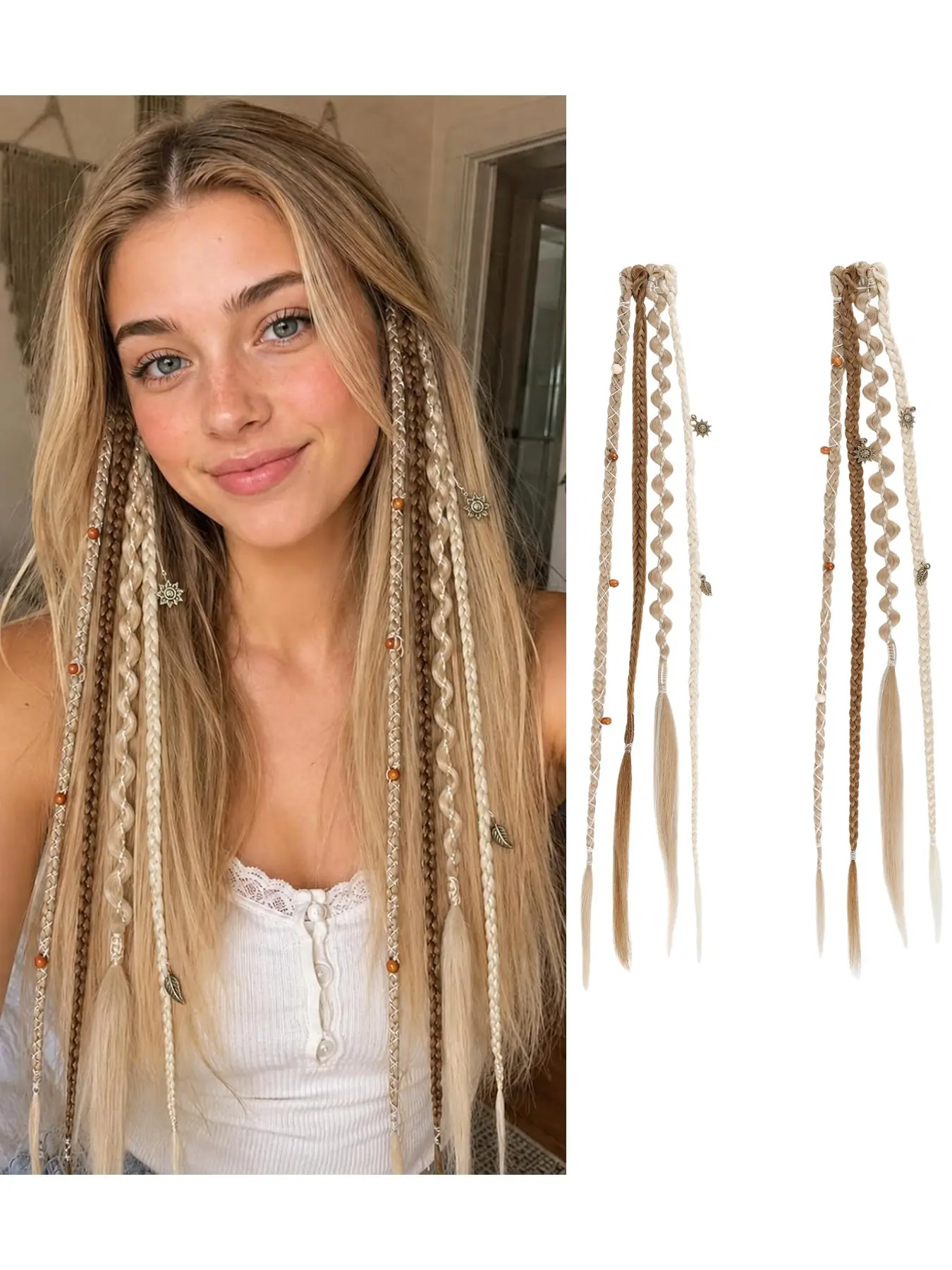 Boho Clip In Braids for Women, 16 Inch Long Goddess Braided Hair Extensions with Beads Charms, Easy Instant Festival Hairstyle, Hippie Y2K Hair Accessories, Synthetic Fiber Braids for Summer Party Beach Look