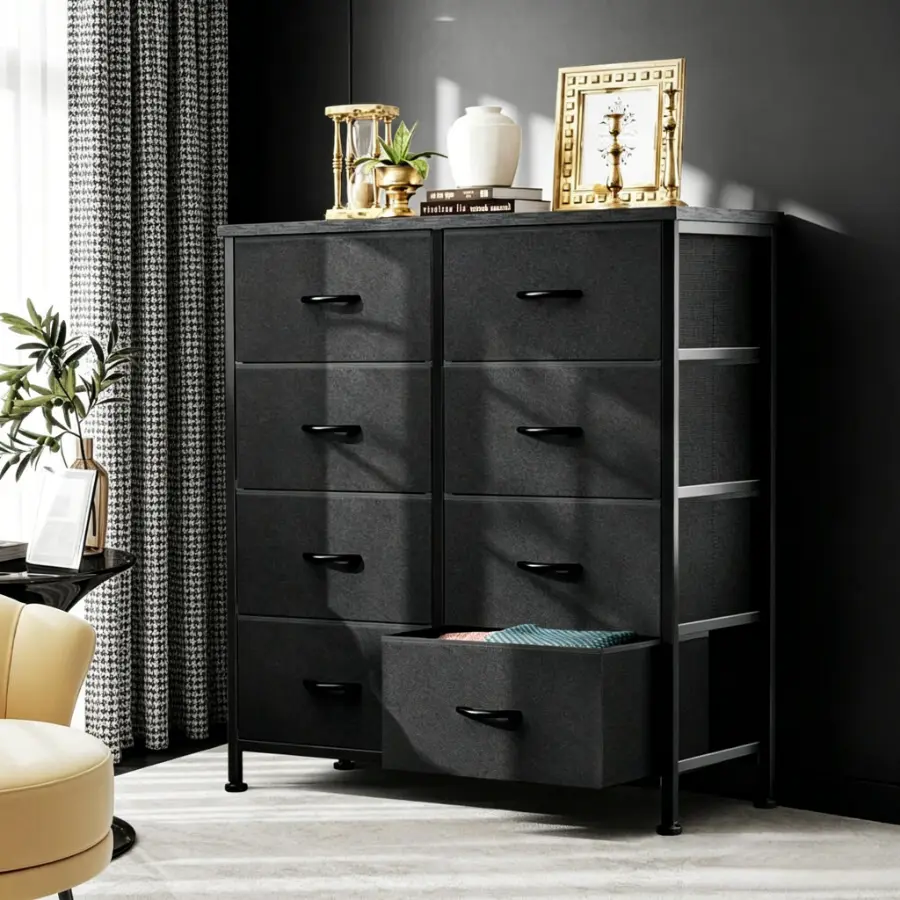 Fabric Dresser with 8 Storage Drawers, Wood Top Chest of Drawers Organizer, Multi-Purpose Storage Tower Furniture for Bedroom, Closet, Living Room, Hallway & Porch