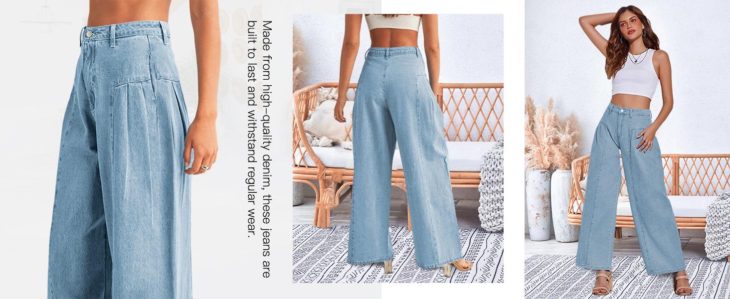 Imily Bela  Womens Baggy High Waisted Jeans Loose Boyfriend Wide Leg Side Pleated Denim Pants