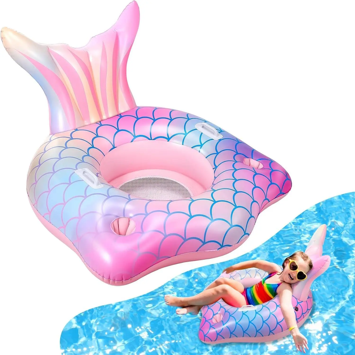 Mermaid Inflatable Pool Float Chair with 2 Cup Holders and Armrests, Pink Pool Party Lounge Raft for Kids & Adults, Summer Beach Swimming Pool Floaties(Gift)