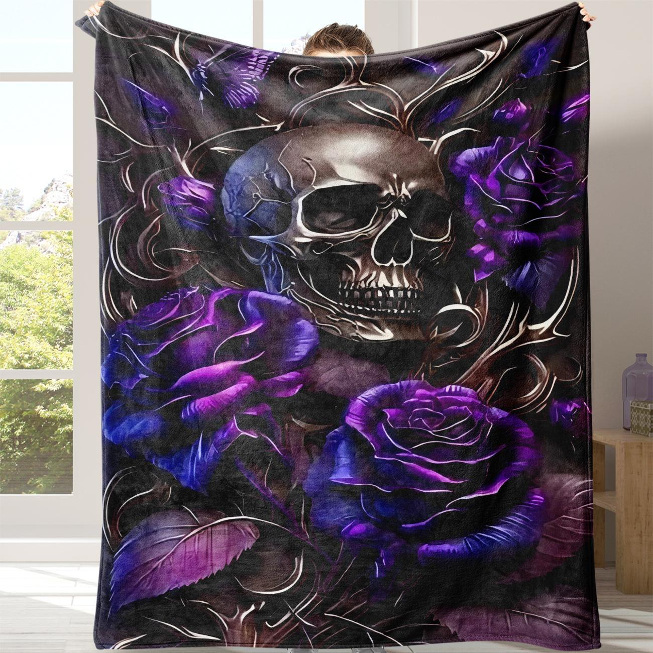 Gothic Skull Print Flannel Blanket, Casual Soft Throw Blanket with Storage Bag, Cozy Throw Blanket, Warm Napping Blanket for Home Office School Travel