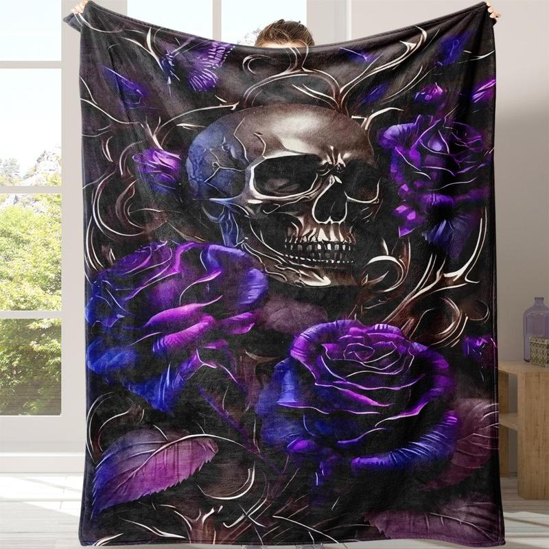 Gothic Skull Print Flannel Blanket, Casual Soft Throw Blanket with Storage Bag, Cozy Throw Blanket, Warm Napping Blanket for Home Office School Travel