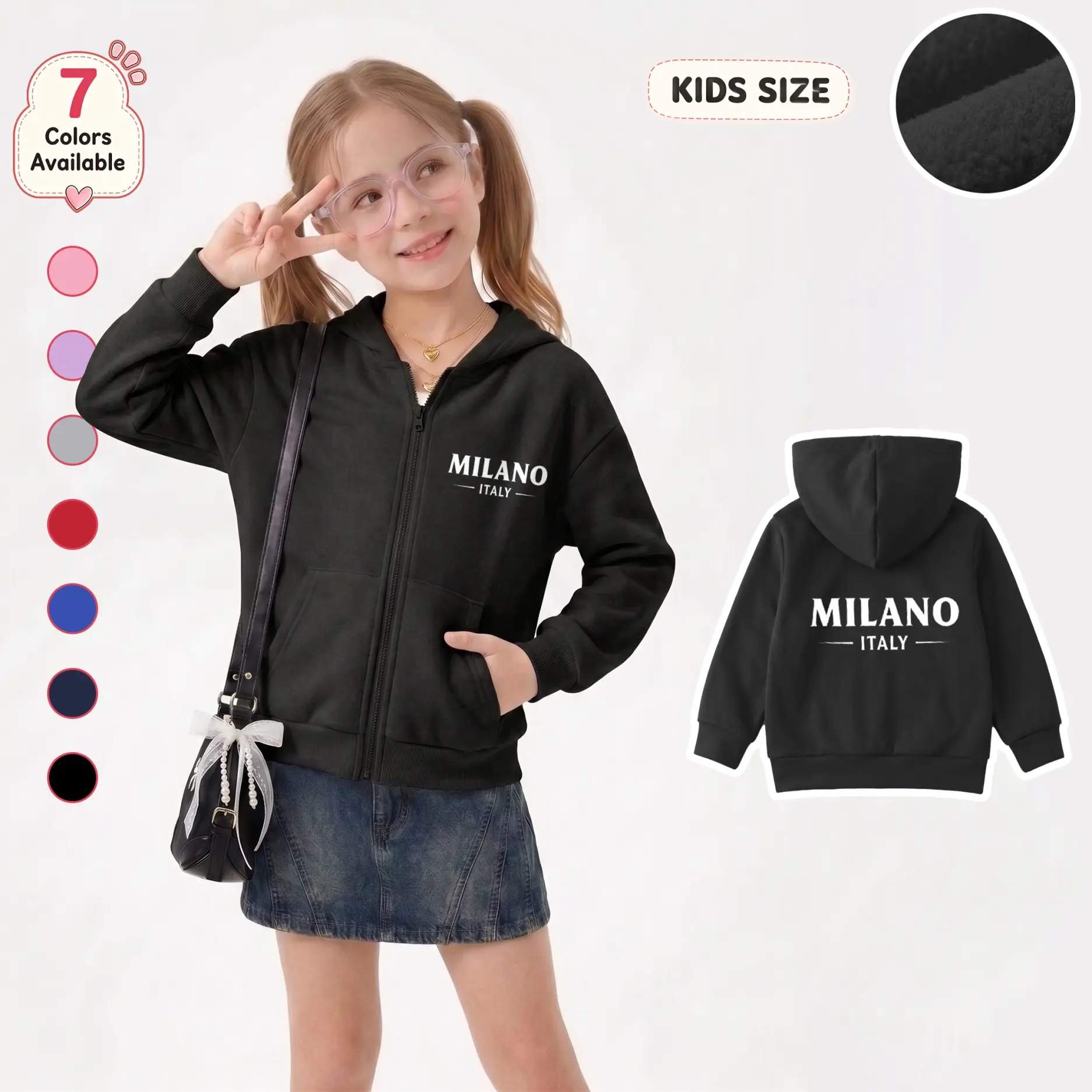 Girls’ Minimalist MILANO Graphic Zip-Up Hooded Jacket - Regular Fit, Casual Sporty, Front Zippers, Small Front Letter Print, Statement Back Design, Long Sleeves, Pockets for School/Travel