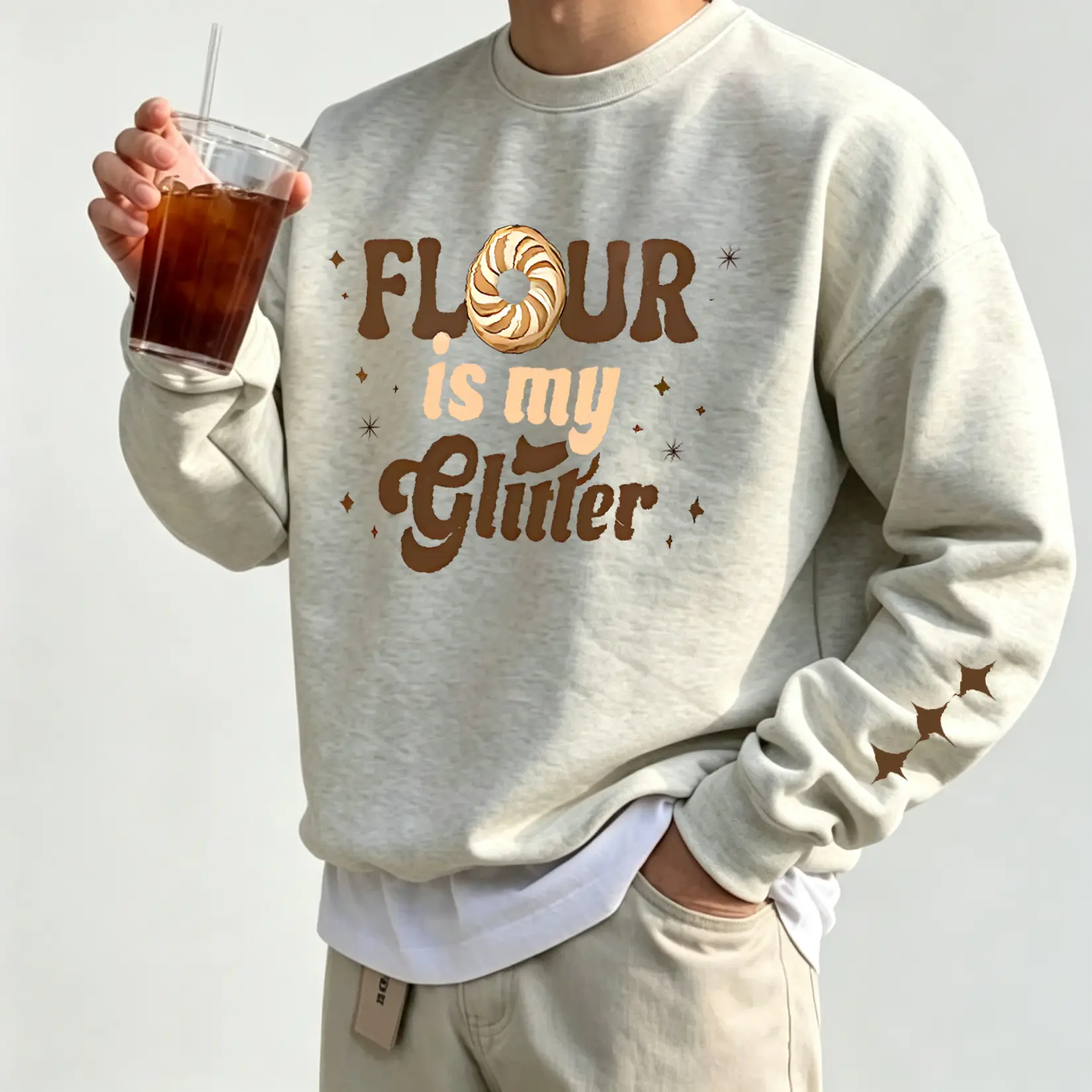 Heather Grey Loose‑Fit Crew Neck Sweater Retro Baking Slogan Cookie Star Sleeve Detail Casual Top