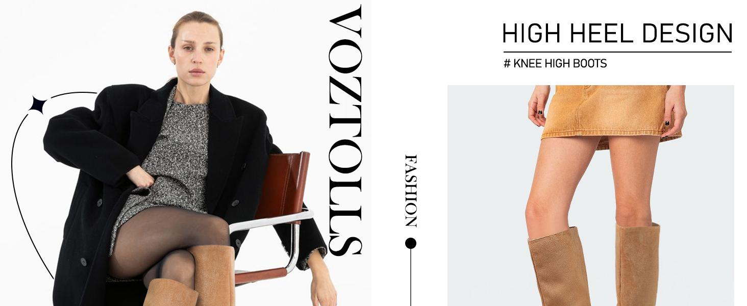 SUNDAY MIRTH Women's Knee High Suede Boots for Women Wide Calf Square Toe Stiletto Heels Tall Boots Pull On High Heel Long Booties