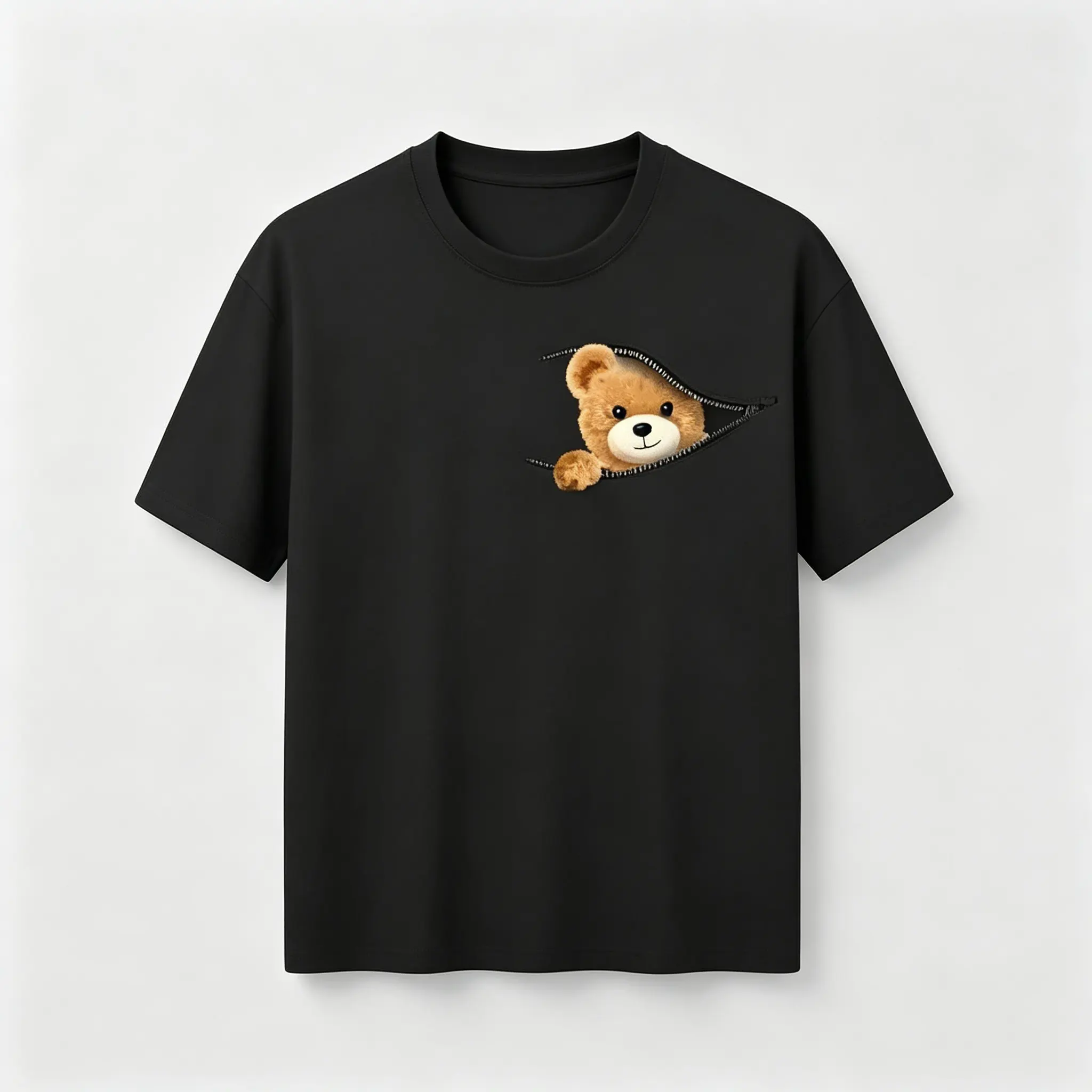 Peeking Teddy Bear Zipper Graphic Tee for Men and Women, Black Cotton T-shirt, Summer Casual, Cute and Funny Gift