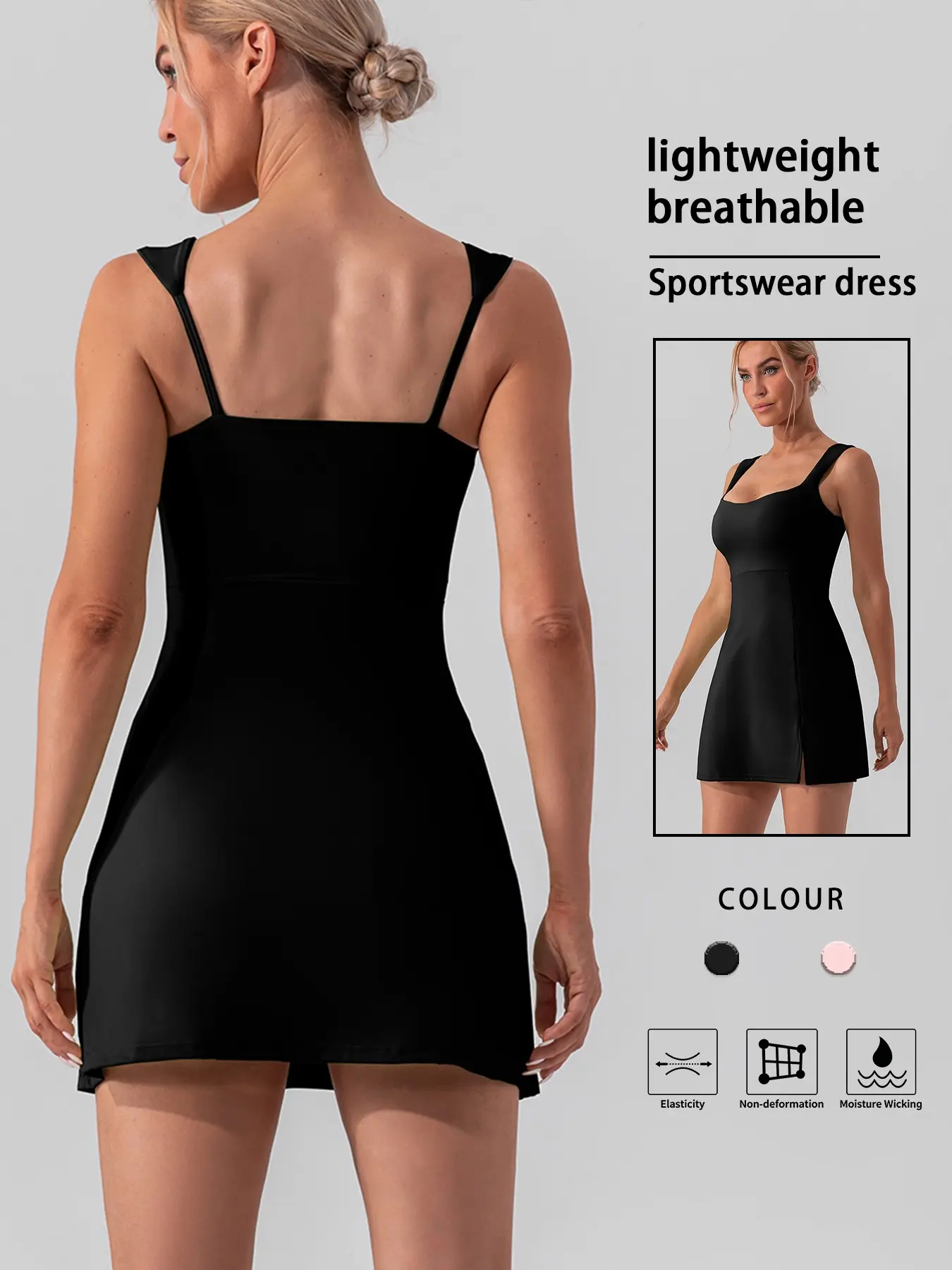 Lightweight Breathable Sleeveless Square Neck Side Slit Sports Dress, Sexy Strappy Yoga Tennis Fitness Mini Skirt, Women's Outdoor Golf Wear