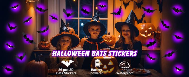 36 PCS LED Purple Lighted 3D Bats Halloween Decoration, 5 Sizes & 4 Shapes Removable PVC Bats Sticker, Waterproof Halloween Bat Wall Decor for Home Indoor Outdoor Bedroom Window Door Wall Party Decor