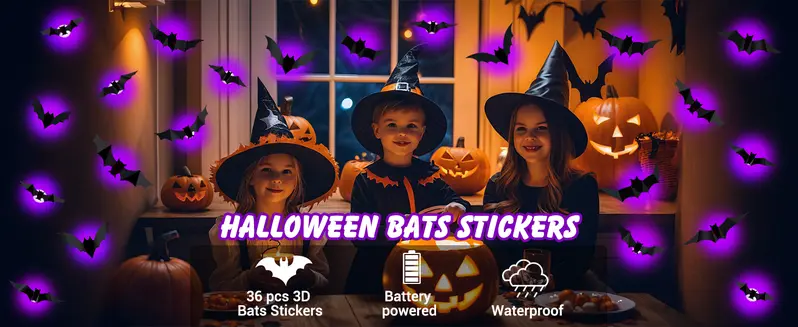 TOODOUR 36 PCS LED Purple Lighted 3D PVC Bat Stickers - 5 Sizes, 4 Shapes, Removable, Waterproof LED Bat Lights for Home Decor, Windows, Doors, Bedroom, Halloween Party