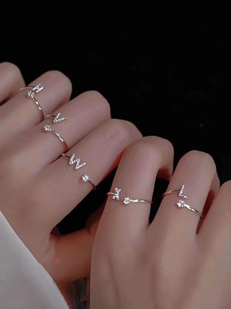 Silver Initial Rings for Women Non Tarnish Dainty Stackable Rings for Women Trendy Adjustable Capital Letter Cubic Zirconia Thumb Pinky Ring Unique Cute Open Birthday Gift Jewelry