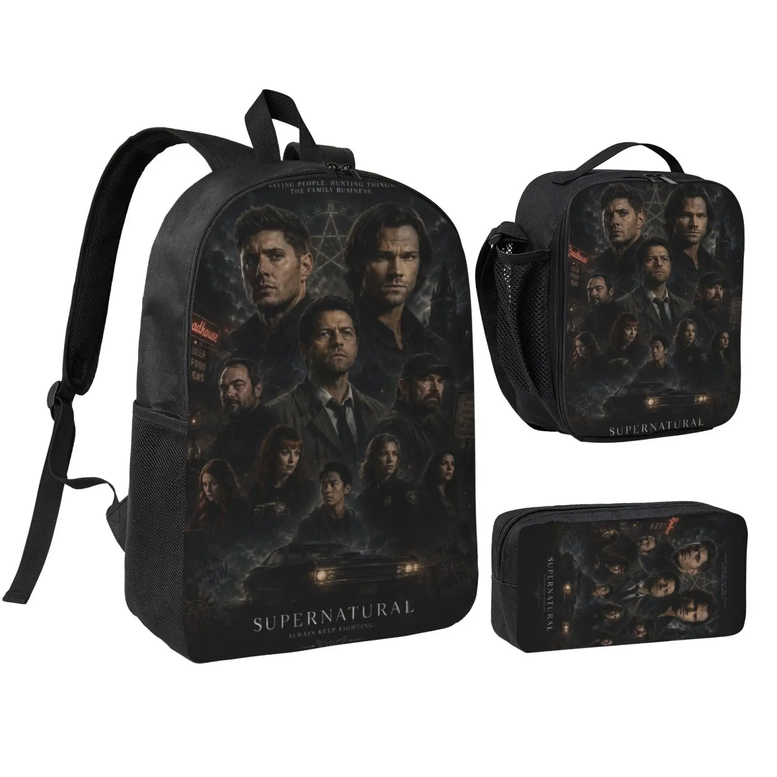 Anime Supernatural1 Kids School Bag Set, Teen Boys Girls Backpack with Adjustable Shoulder Straps, Multipurpose Bookbag with Lunch Box Pencil Bag for School Travel Office Daily Use, Polyester
