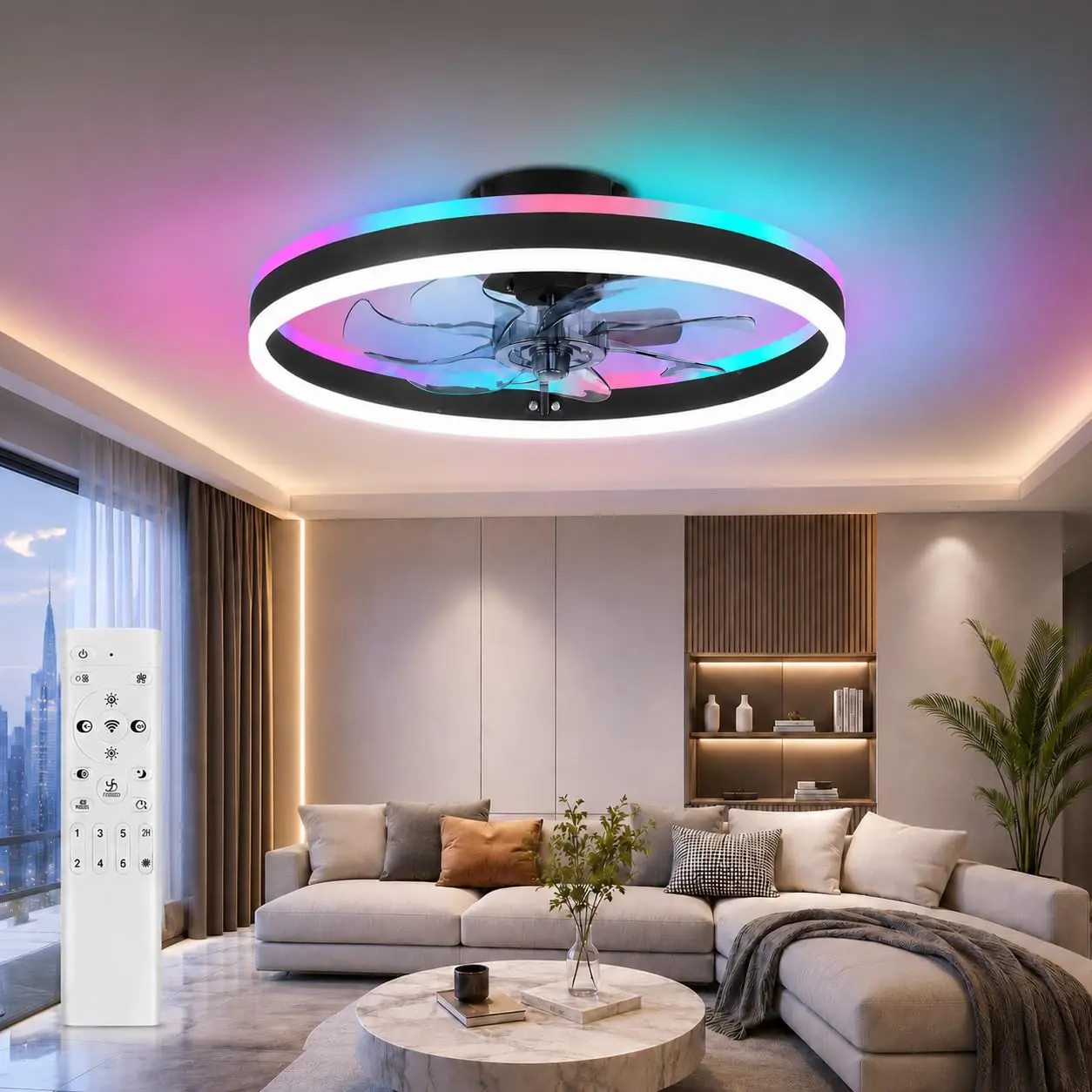 Hosslly 20" Low Profile Flush Mount Round Fan - RGB Light Ring Fandelier, LED Ceiling Fans Lights, Remote Control, Acrylic Shade, Small Indoor for Bedroom/Living Room, Black/White Finish