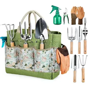 Gardening Tools 9- Heavy Duty Garden Hand Tools with Fashion and Durable Garden Tools Organizer Handbag, Rust-Proof Garden Tool Set, Ideal Gardening Gifts for Women