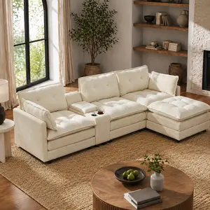 Beige 119-in Tufted Corduroy L-Shaped Oversized Modular Sectional Sofa - 4-Seater Cloud-Soft Ergonomic Configurable Dual-Function Assembled Indoor Furniture with 1 Ottoman, Multi-Functional Console, USB Port, 2 Cup Holders &