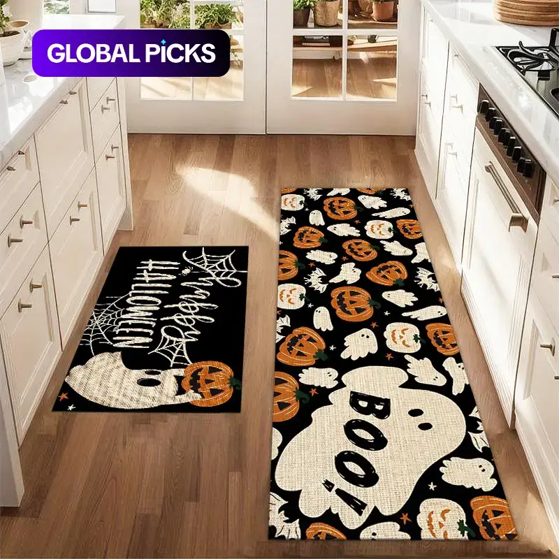 2Pcs Pumpkin Lantern & Ghost Floor Mat Set, Farmhouse Kitchen Rug, Home Decor Rug, Dining Room & Laundry Room Carpet Mat #GLOBAL PICKS