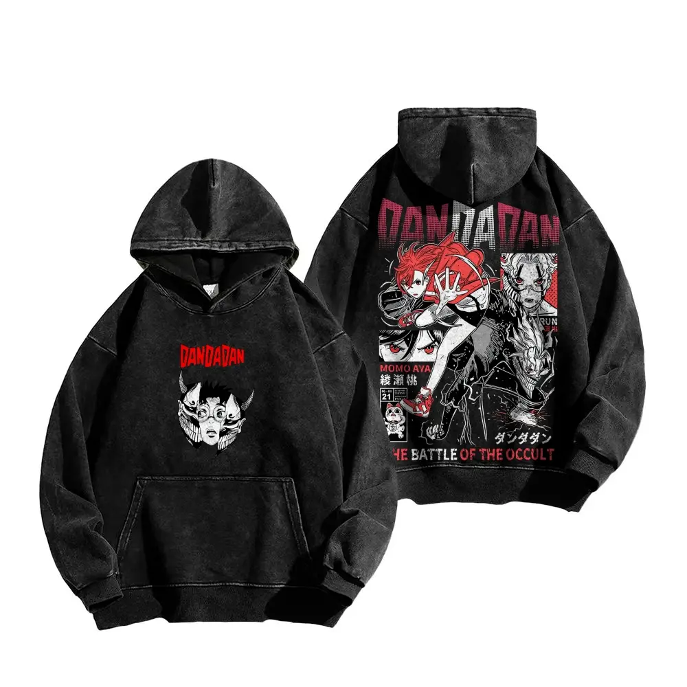 Unisex Vintage Washed Pullover Hoodie, Japanese Occult Anime Character Front & Back Double‑Sided Graphic Hooded Sweatshirt, Oversized Retro Streetwear Fleece Top with Kangaroo Pocket, Multiple Colors Available