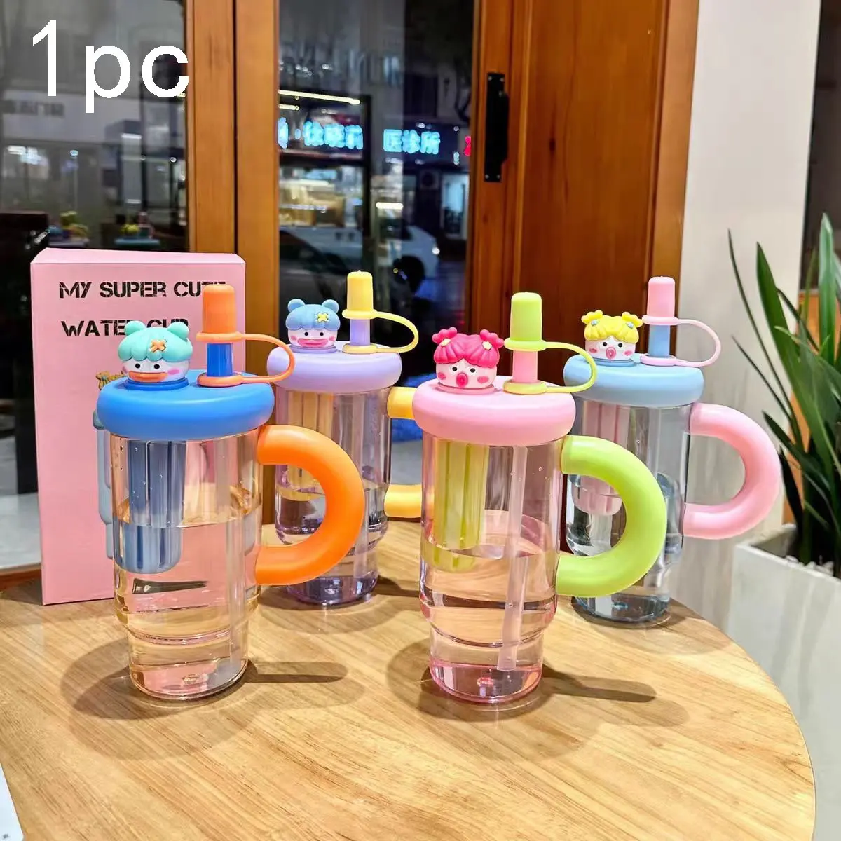 Cute Cartoon Doll Handle Water Cup with Straw Large Capacity Transparent Plastic Tumbler Clear Water Tumblers Portable Fruit Infuser Kid Water Bottle for Girls Students Gift
