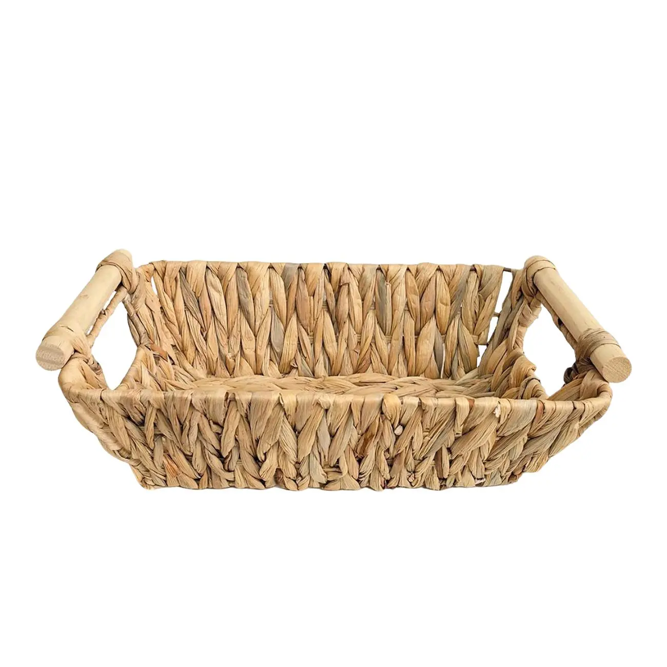 Water Lily Woven Storage Basket with Wooden Handle, Rectangular Desktop Organizer, Ideal for Shelving, Closet, Countertop, Bathroom, Home Storage