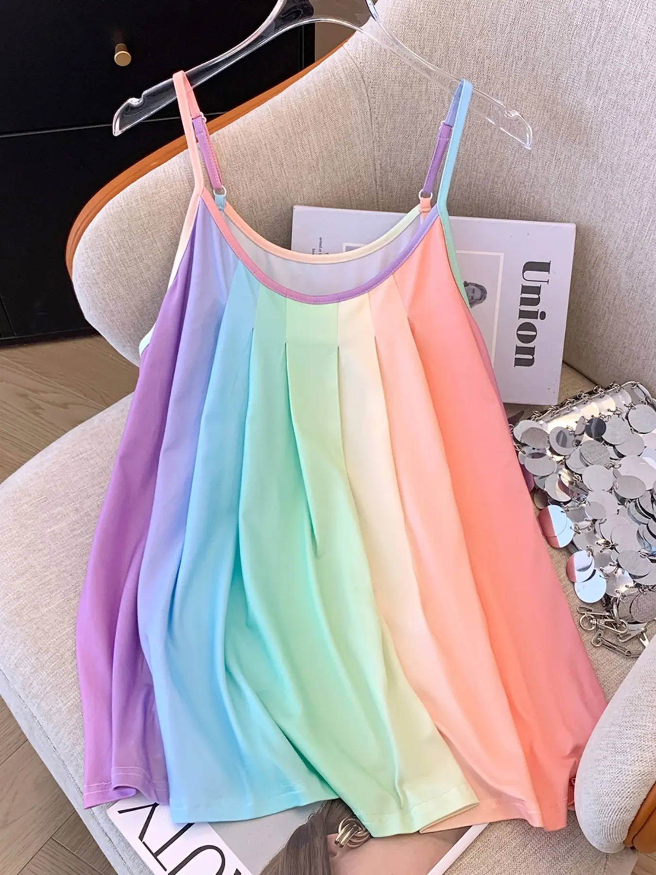 Large Size Rainbow Color Block Ice Silk Lightweight Cami Top, Comfortable Drape Conceals Belly, Home & Vacation Wear, Versatile Multi-Scene