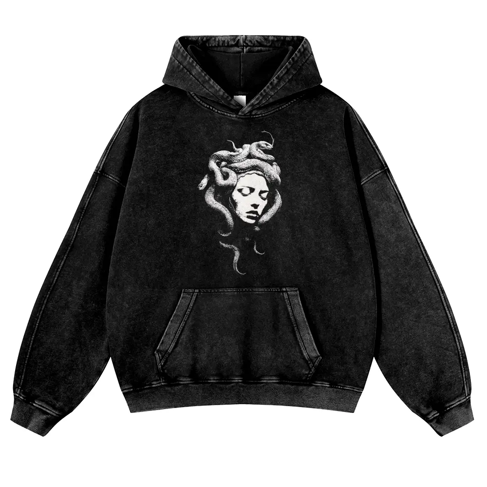 Men's Unisex Medusa Graphic Hoodie - Oversized, Vintage Acid Wash, Heavyweight Cotton, Long Sleeve, Spring Casual Fit Streetwear for Pairing with Jeans
