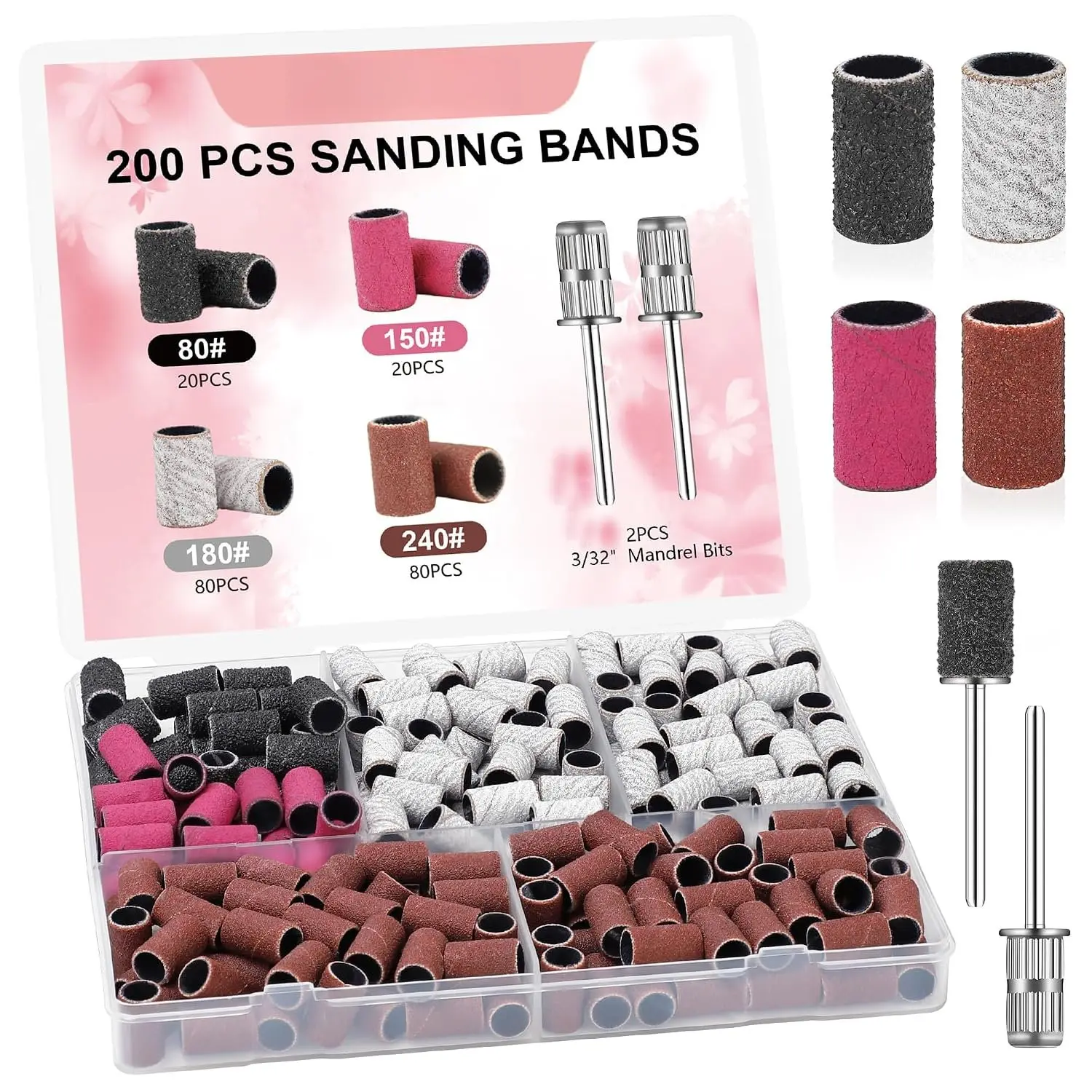 200 count  Drill Bits Sanding Bands for  Drill Mix 80# 120# 180# 240# Coarse Fine Grit Sanding Bands for  Gel Manicures Pedicure