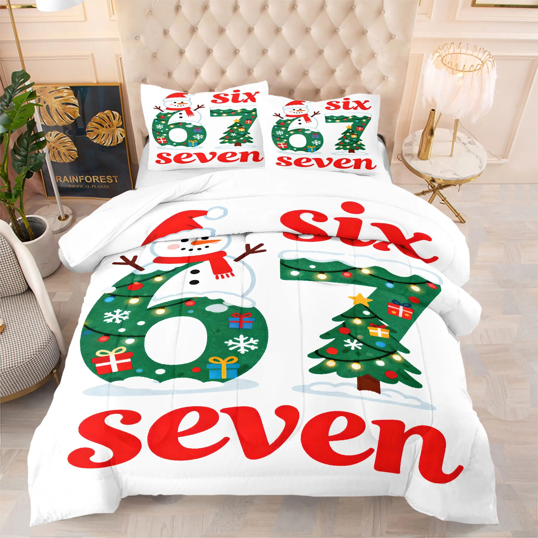 2/3Pcs Christmas Snowman Number Comforter Set, Festive Xmas Tree Lights Gift Quilt Cozy Bedding Set with Pillowcase, Soft Microfiber Holiday Bedroom Decor for Kids Boys Girls, All Season Bedspread No Pillow Core