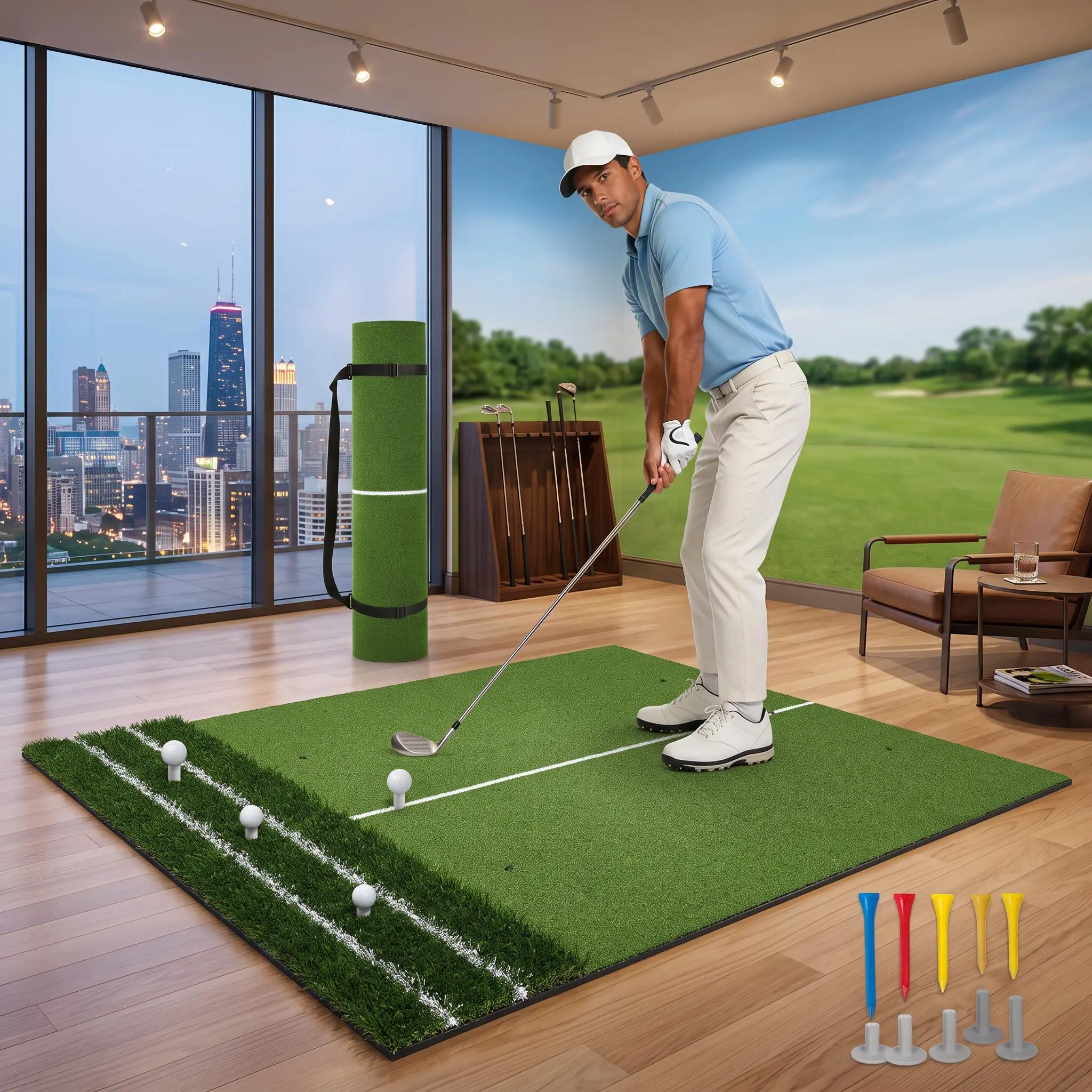 【IdealHouse】5x4ft Dual‑Turf Golf Hitting Mat, Thickened 45mm 22mm Cushion Golf Practice Mat, Alignment Angle of Approach Aid Golf Simulator Mat Driving Chipping Pad Gifts For Men Dad Indoor Outdoor
