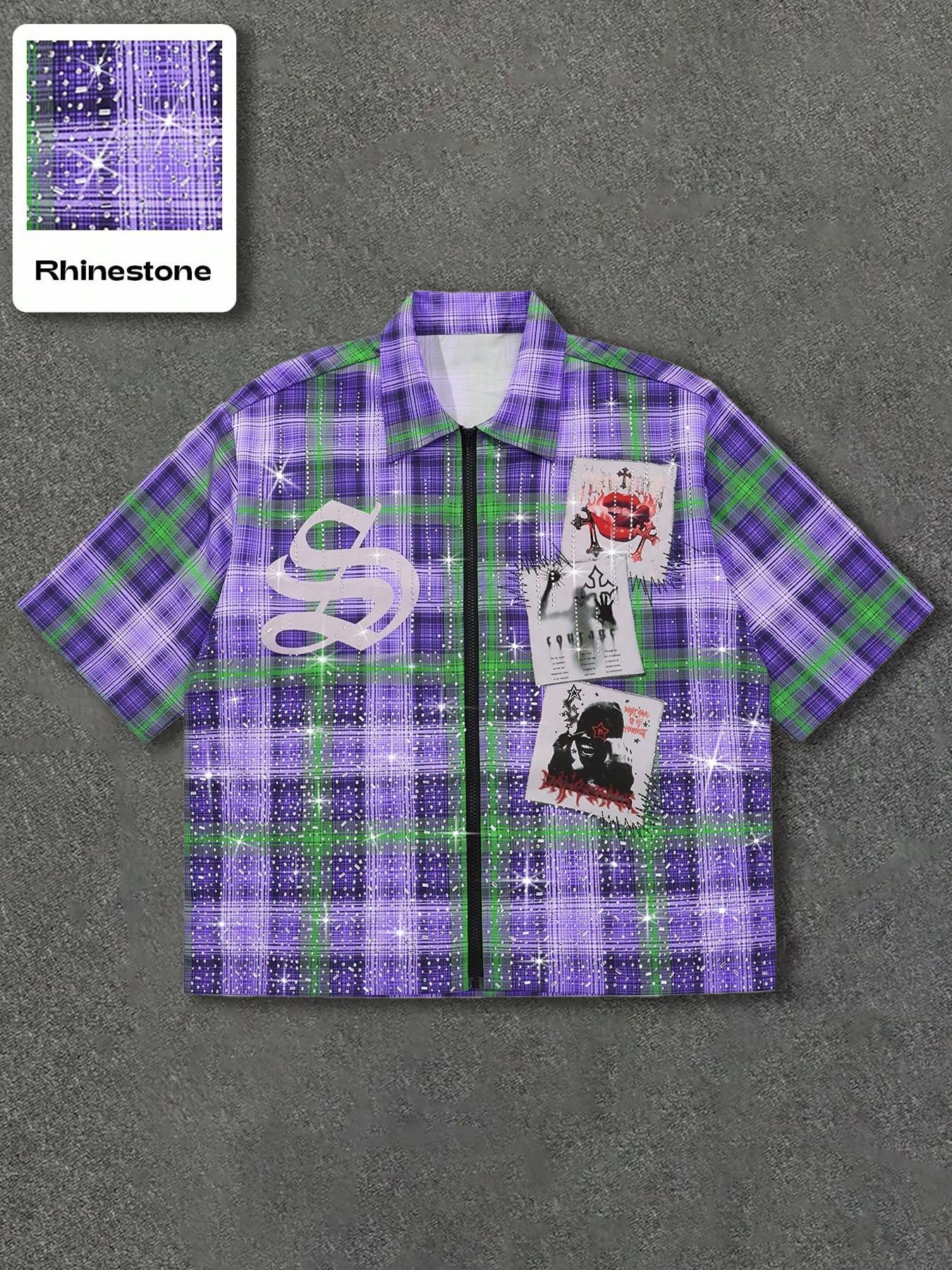 Men's Gothic Print Sequins Plaid Casual Button Shirt, Street Style Fitted Woven Fabric, All Seasons Fashionable Design