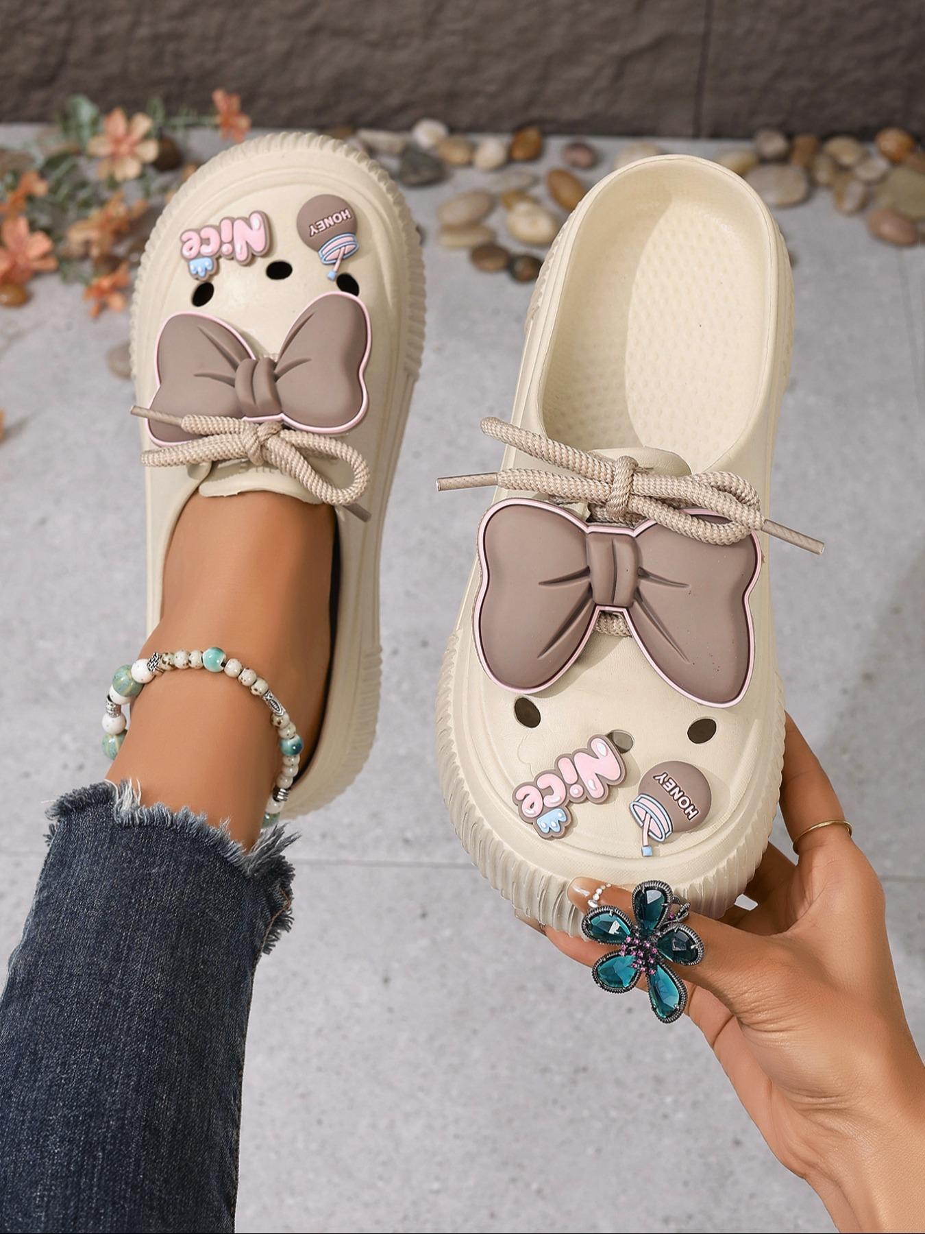 Women's Cute Cartoon Bowknot Design Clogs, Round Toe Slippers, Casual Comfortable Non-slip Clogs for Summer, Lightweight Breathable Shoes for Outdoor Beach