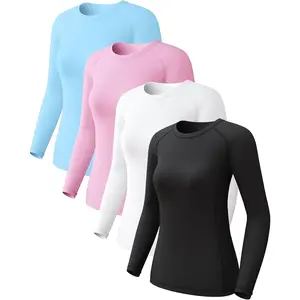 Women's Long Sleeve Compression Shirts Dry Fit Workout Athletic Sun Protection Cooling Tops for Yoga Running Gym 2-4 Pack