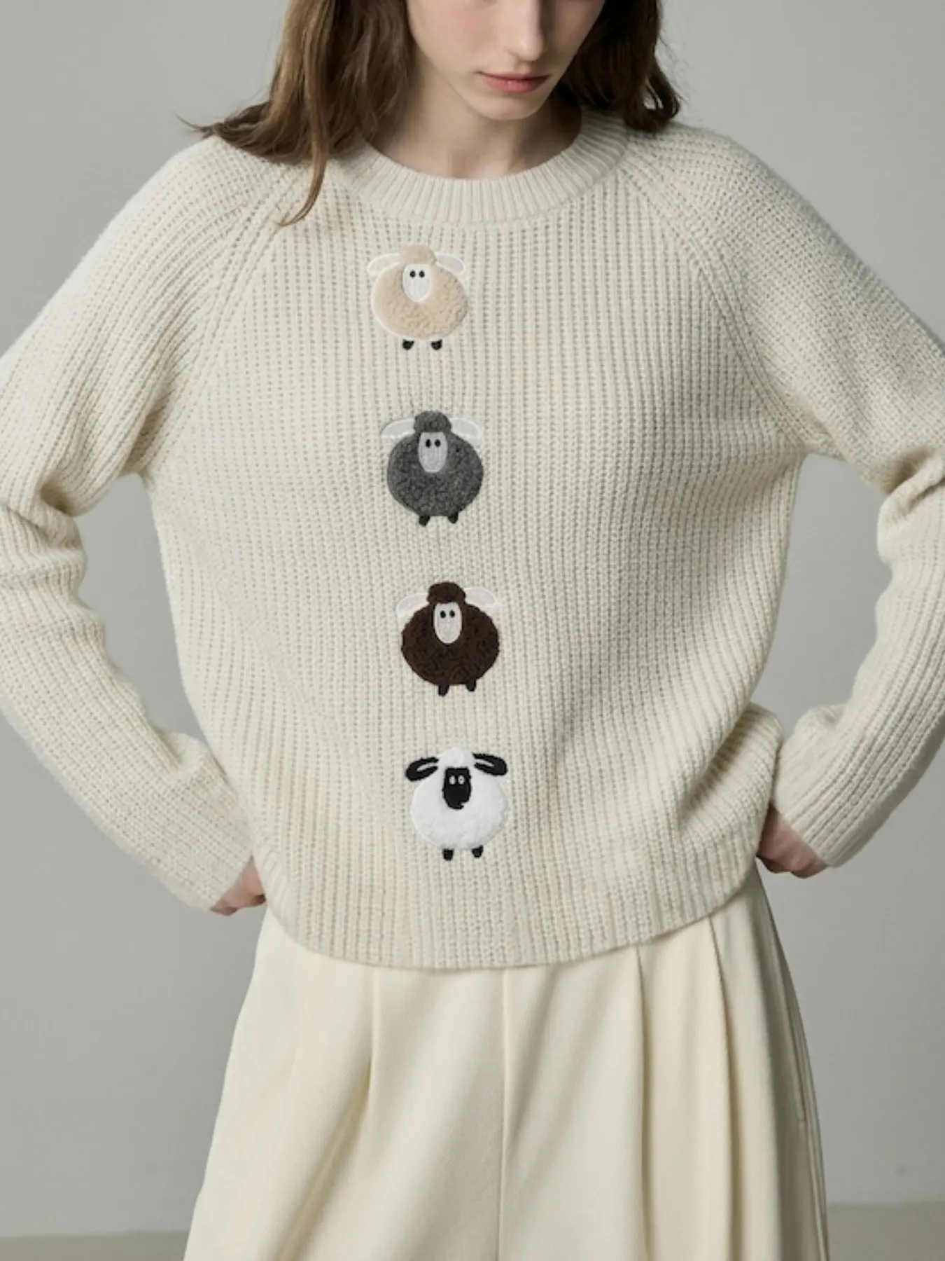 Cute Colorblock Sheep Patchwork Round Neck Knit Top for Women, Knitwear Loose-Fitting Long Sleeve Fall Winter Casual Outerwear Sweater