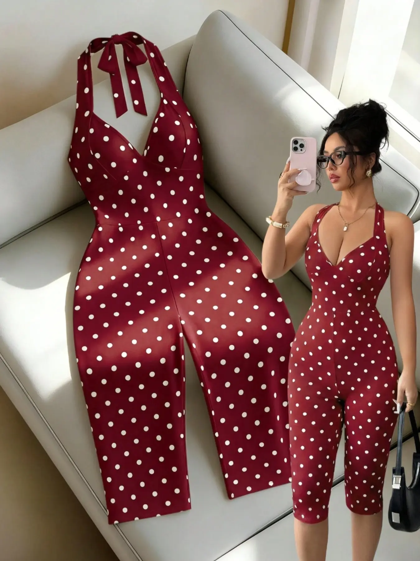 Women's Polka Dot Halter Neck One-Piece Jumpsuit Pants, Slimming and Shaping, Comfortable Casual, Sexy Outdoor Commute, Stylish, Trendy and Chic, One Piece Jumpsuits