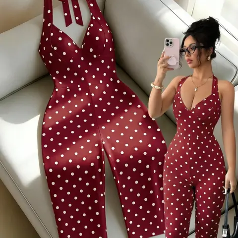 Women's Polka Dot Pattern Halter Neck Jumpsuit, Comfortable Fabric, Chic Casual Slim-Fitting Sleeveless Jumpsuit for Outdoor Activities & Daily Wear