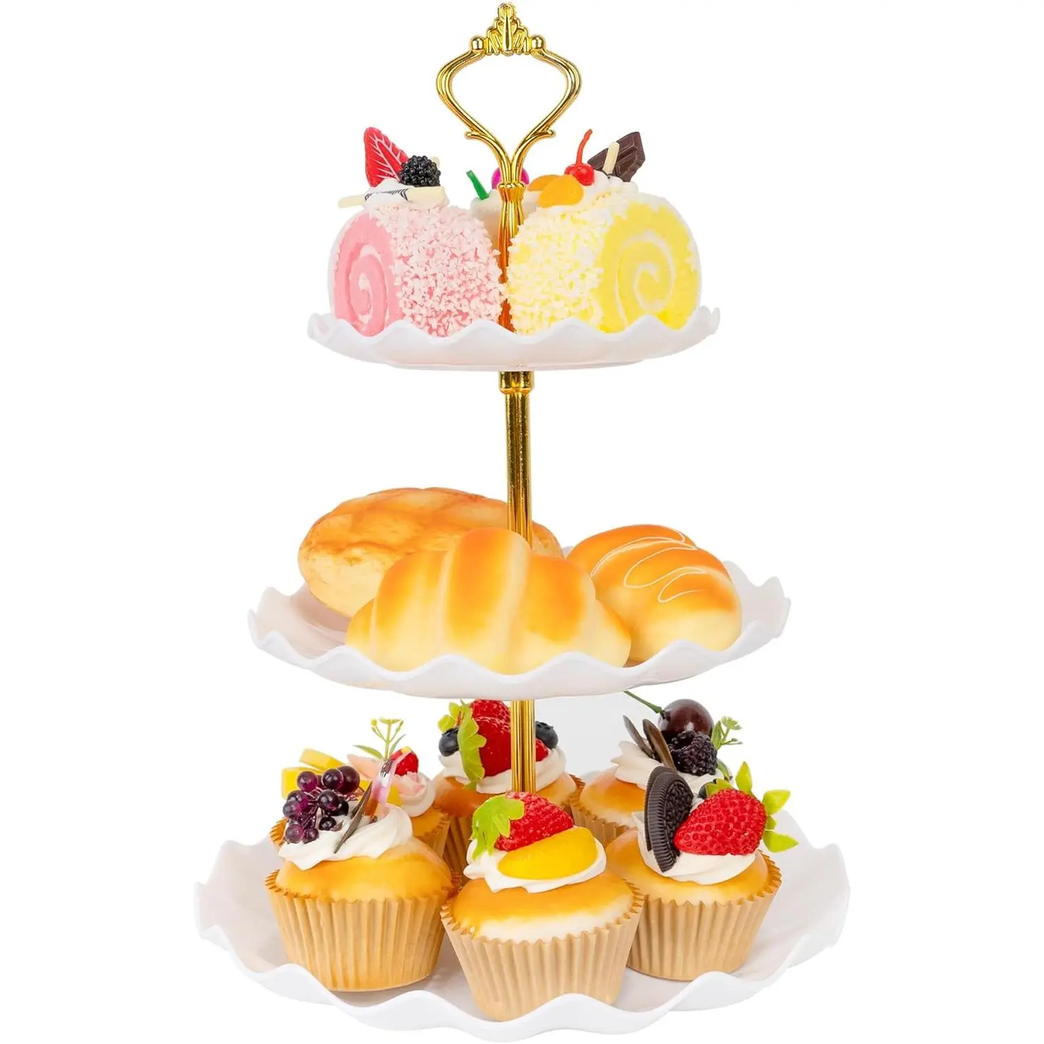 Plastic Tiered Serving Tray, 3 Tier Cake Stand Cupcake Holder with Metal Rod, Cake Stand Round Display for Cakes Fruit Cookie Candy,  Dessert Tower Tray for Birthday Wedding Party (White)