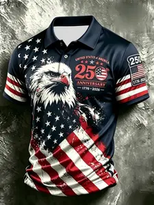 American Flag Polo Shirt with Bald Eagle Design, Patriotic Men's Fashion, Independence Day Gift, Fitted Casual Style, Casual Polo Shirts
